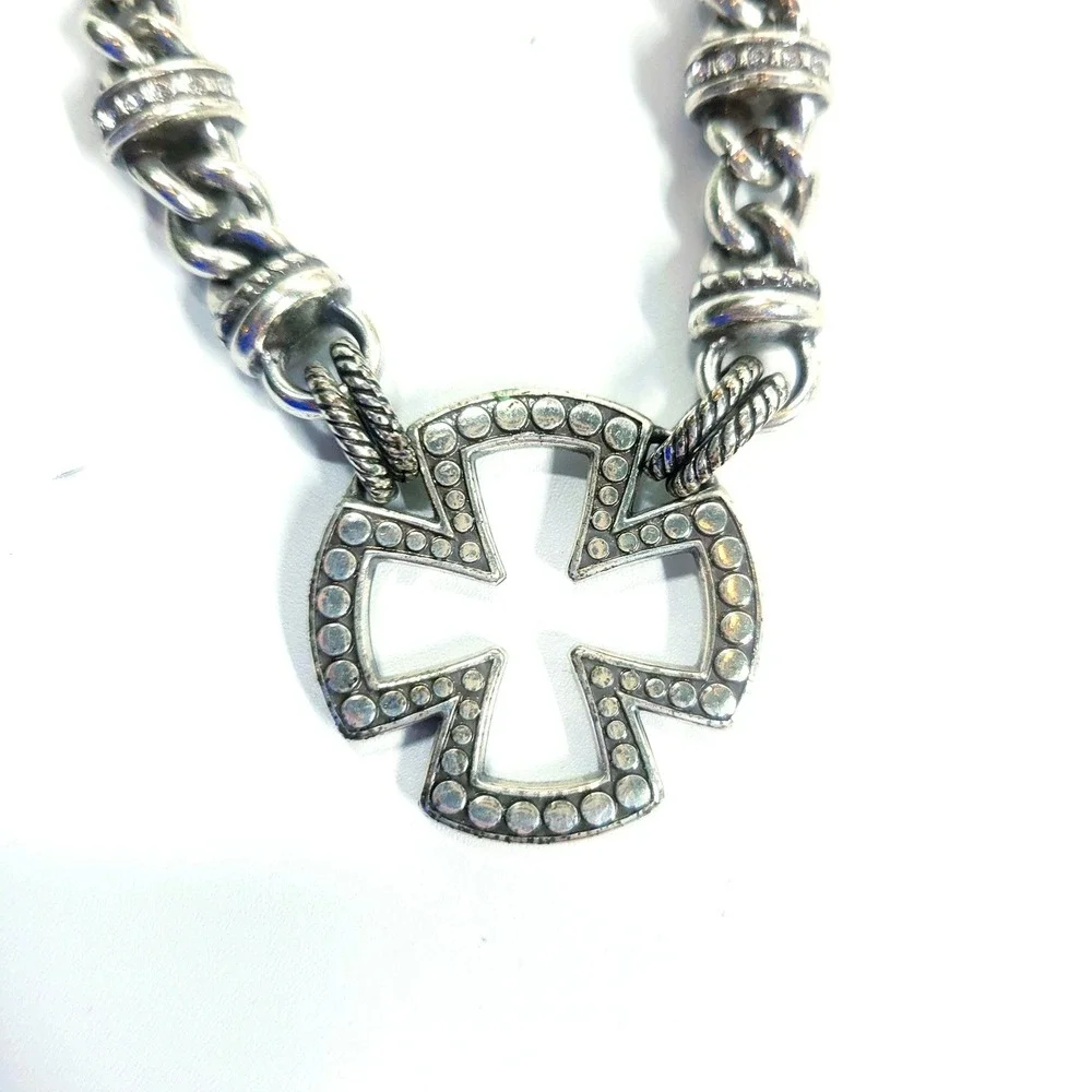 Brighton Chunky Silver Tone Maltese Cross Necklace‎ Reversible Rhinestone NWT